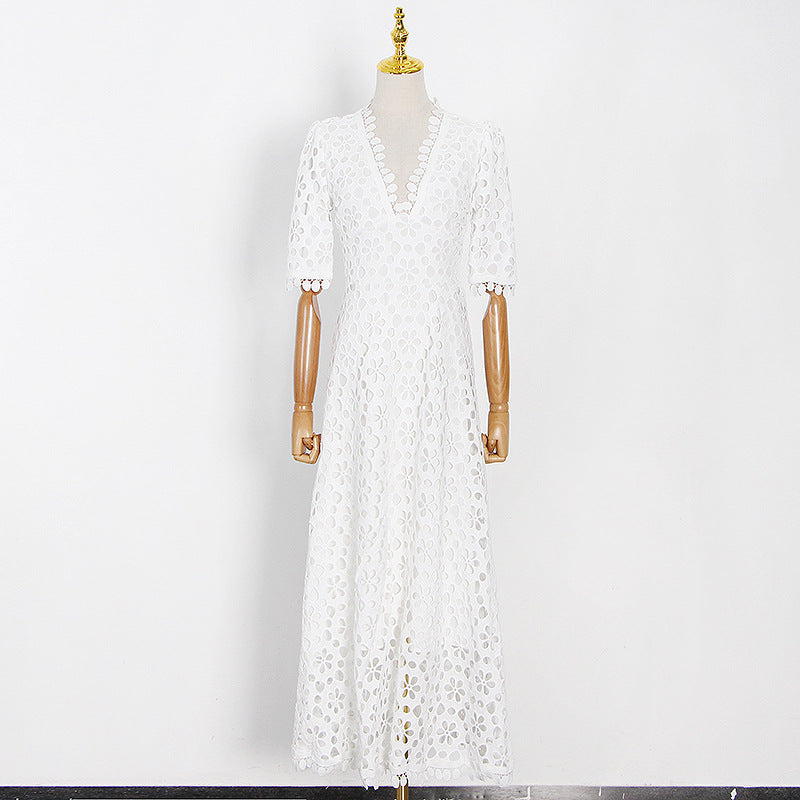 Autumn New V-Neck Waist Hook Flower Hollow Solid Color Swing Dress