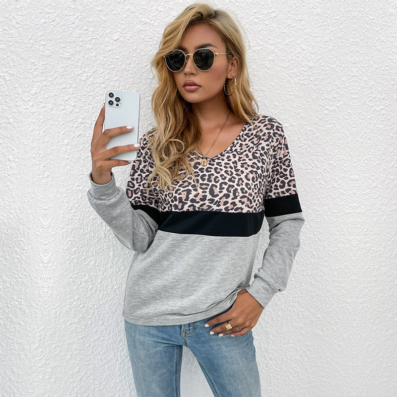 Early Autumn Casual Women's Leopard-Print Splicing Long-Sleeved Bottom Shirt For Women