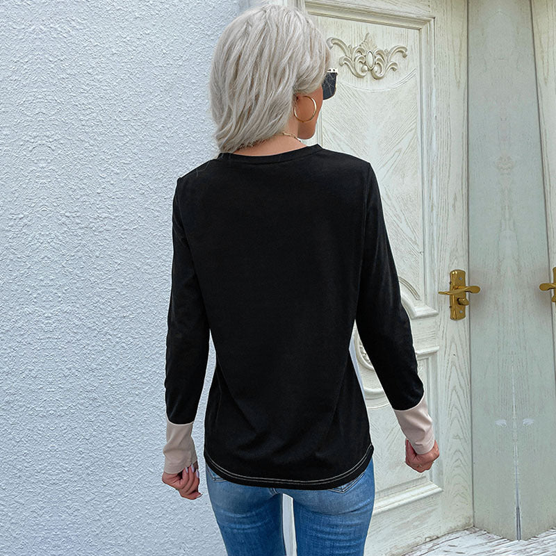 New Women's Loose Top Set Long Sleeve Stitching V-Neck T-Shirt
