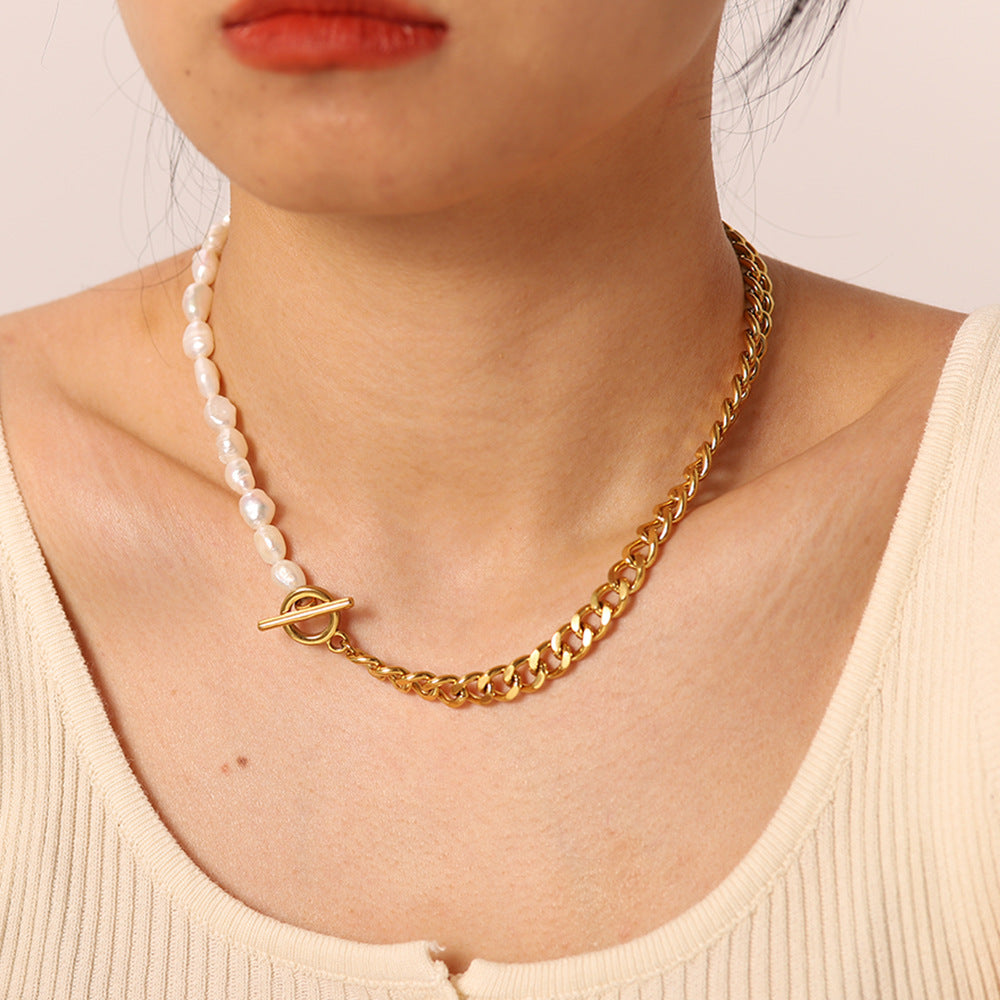 5pcs Classical Ot Button Cuban Chain Light Necklace Pearl Stainless Steel Half Chain Half Pearl Patchwork Necklace Jewelry Women