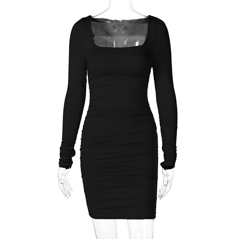 Station Elegant Intellectual Temperament Slim-Fit Pleated Dress Long-Sleeved One-Line Collar Close-Bottomed Skirt