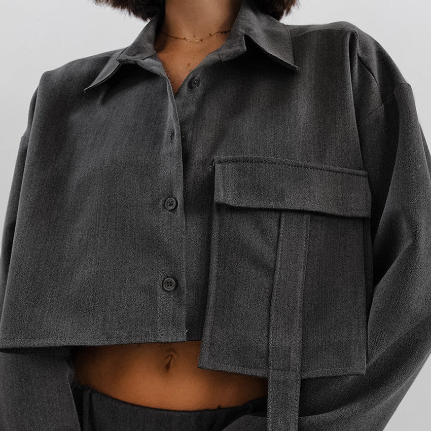 Retro Fashion Lapel Long Sleeve Crop Short Top High Waist Elastic Wide Leg Trousers Two-Piece Women's Set
