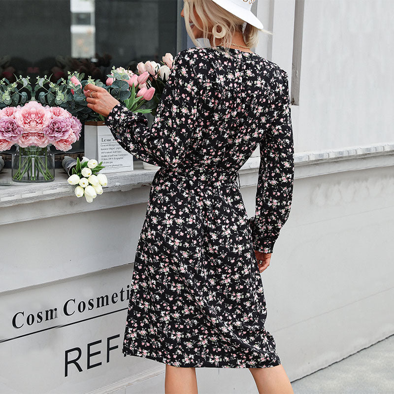 New Women's Printed Skirt Tie Round Neck Floral Dress