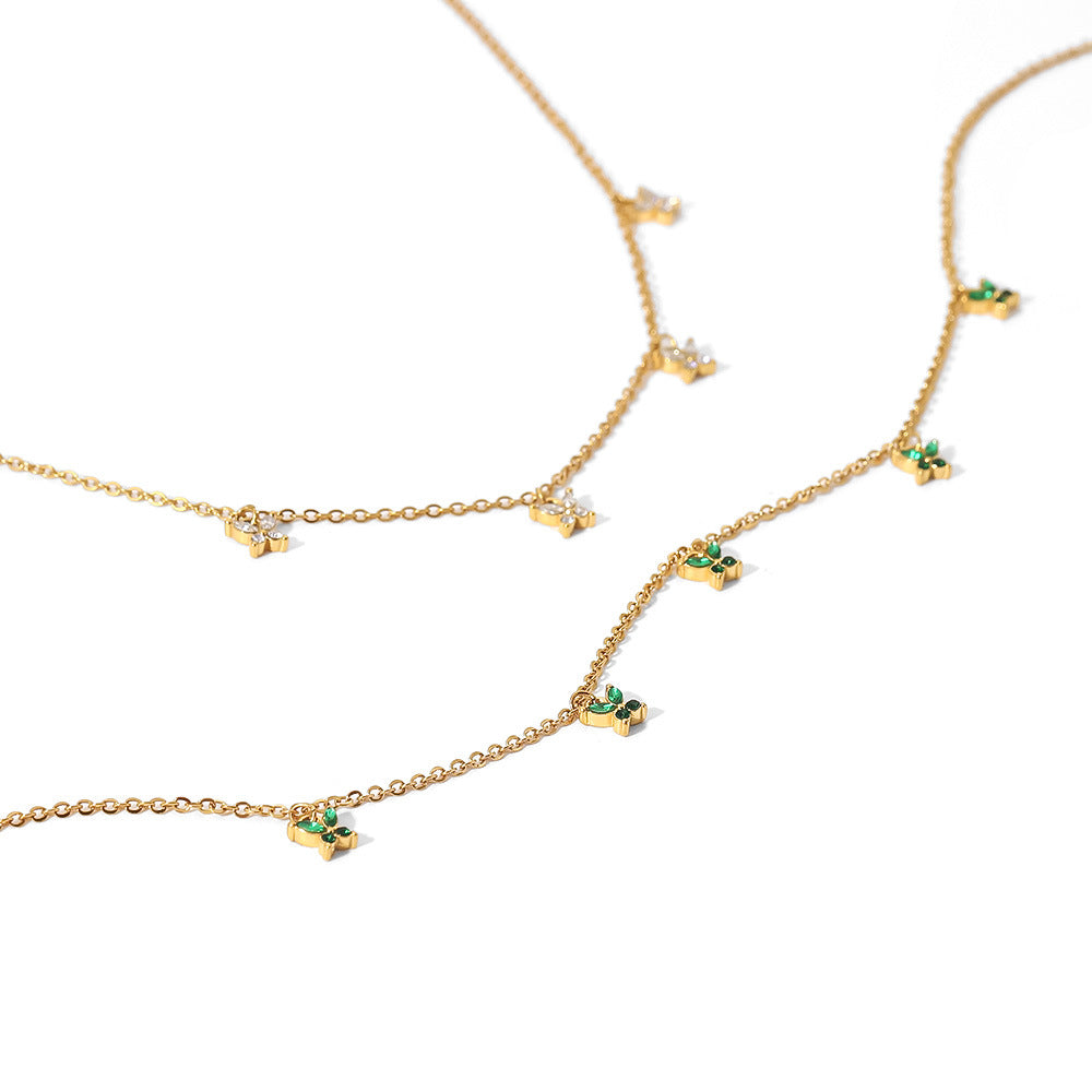 5pcs Women's Fashion Necklace 18K Gold Plated Green/White Zircon Butterfly Pendant Necklace Stainless Steel Butterfly Collar