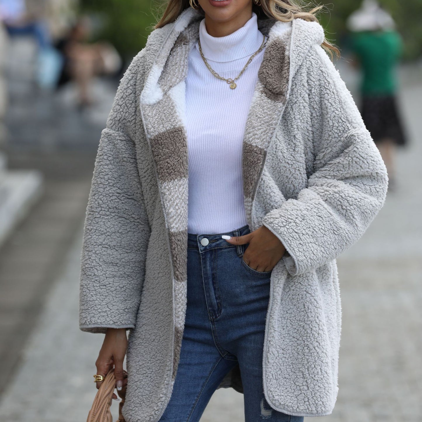 Glitter New Casual Plush Women's Hooded Conventional Long-Sleeved Loose Check Bubble Velvet Unbuttoned Coat
