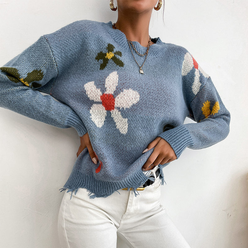 New ern Style Women's Crew-Neck Knitted Jumper Blue Flower Jacquard Sweater