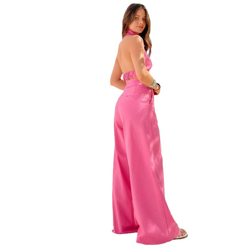 Women's Summer Sleeveless Sexy Halter Top Loose Wide Leg Trousers Two-Piece Set