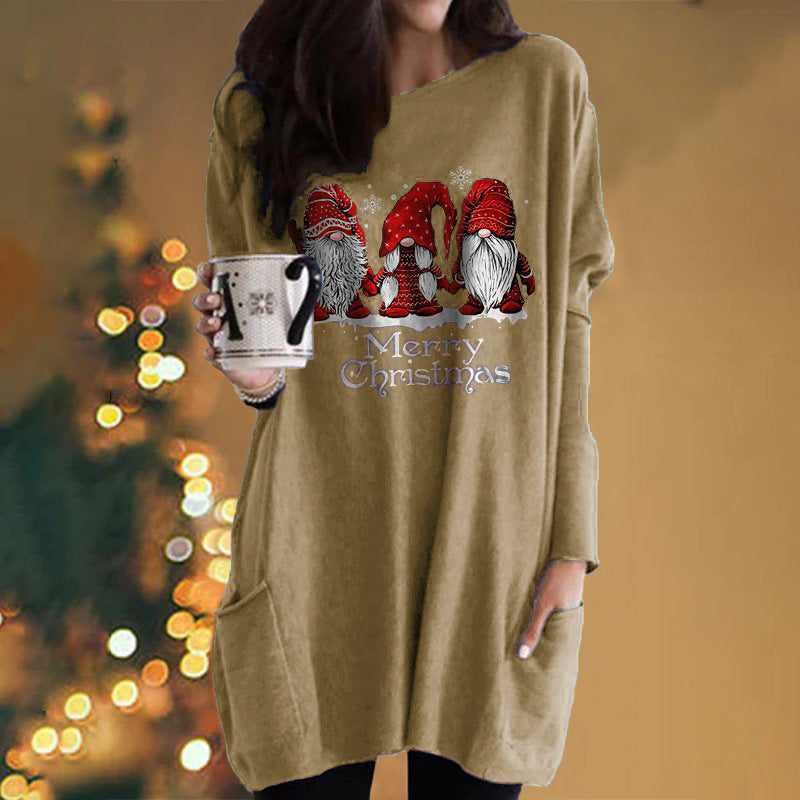 Santa Claus Printed Long Sleeve Pocket Round Neck T-Shirt Dress