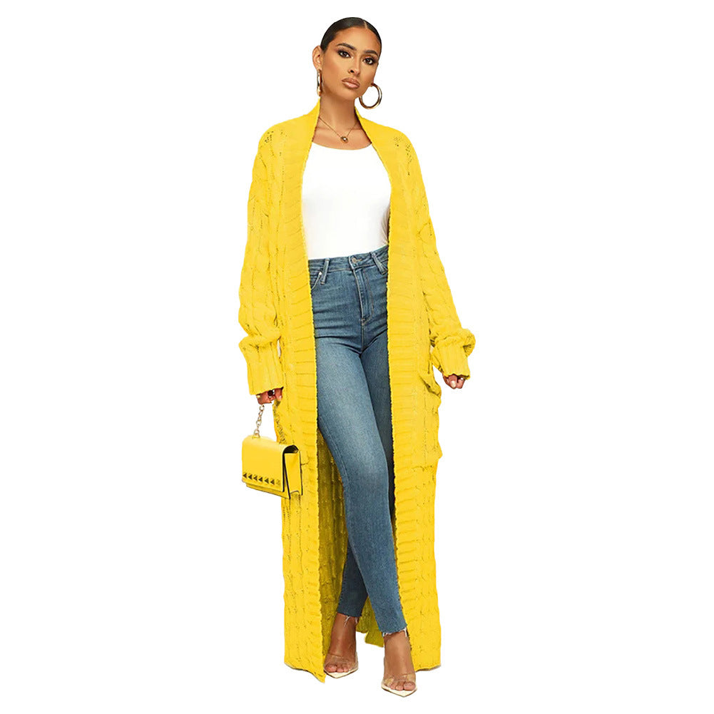 Women's Autumn And Winter New Loose Knit Cardigan Lazy Pocket Long Twist Sweater Coat