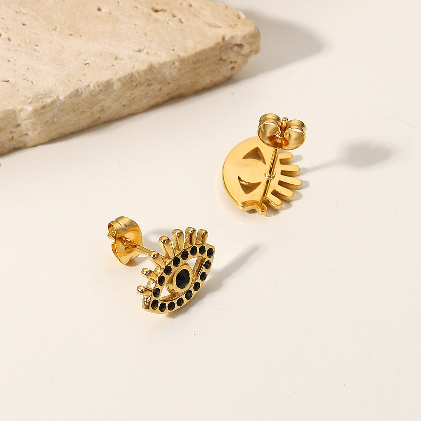 5pcs New Vintage Black Diamond Eye Studs Women's Style 18K Gold Stainless Steel Earrings