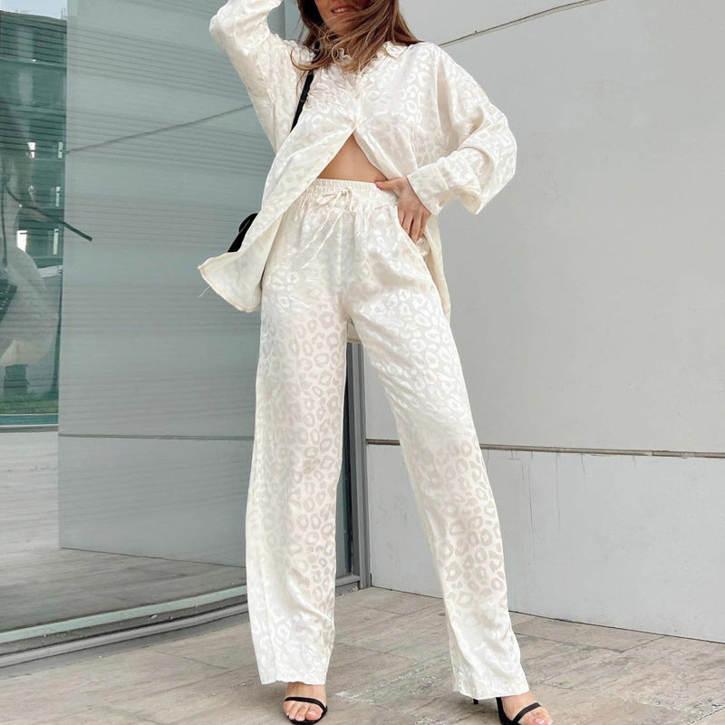 Women's Leopard Print Jacquard Spring And Autumn Long Sleeve Shirt Elastic Waist Loose Trousers Two-Piece Set