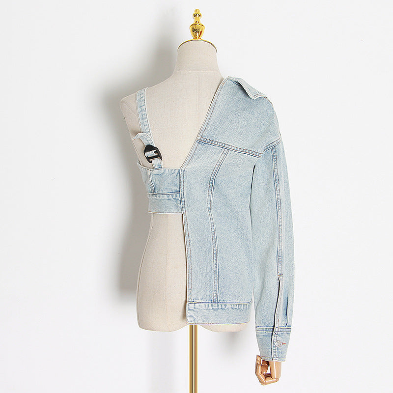 Niche Asymmetrical Denim Top Spring New Fashion Temperament Sexy Lapel Waist Waist Denim Coat