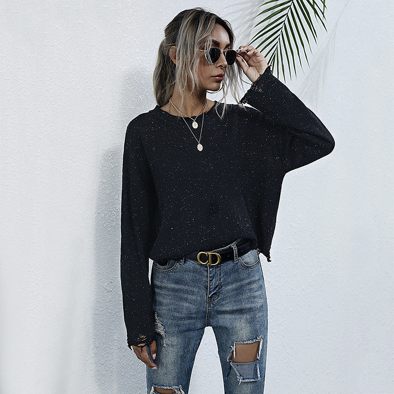 Autumn & Winter Casual Women's Fashion Hole Long Sleeve Black Sweater Short