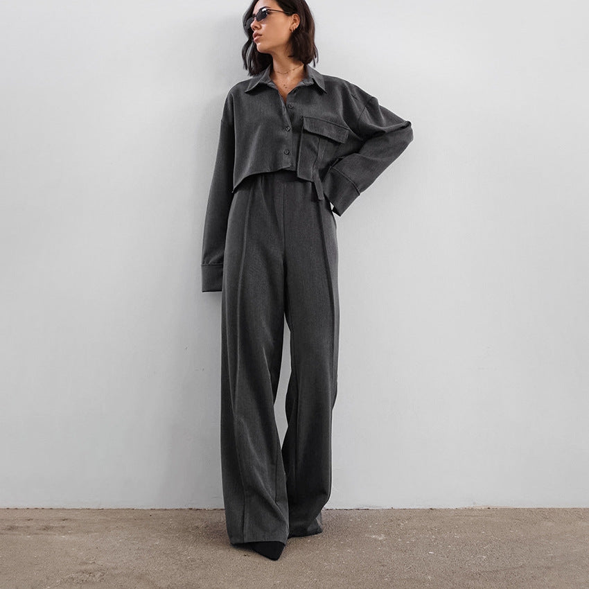 Retro Fashion Lapel Long Sleeve Crop Short Top High Waist Elastic Wide Leg Trousers Two-Piece Women's Set