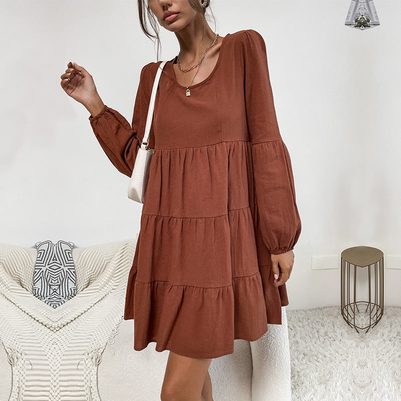 New Women's New Fashion Short Solid Color Long-Sleeved Dress