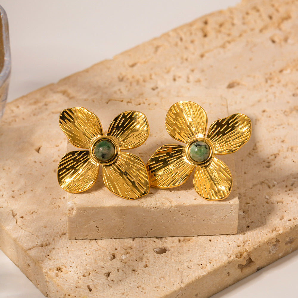 5pcs Palace 18-Karat Gold Radial Set With Natural African Turquoise Four-Petal Flower Earrings Design Sense Earrings