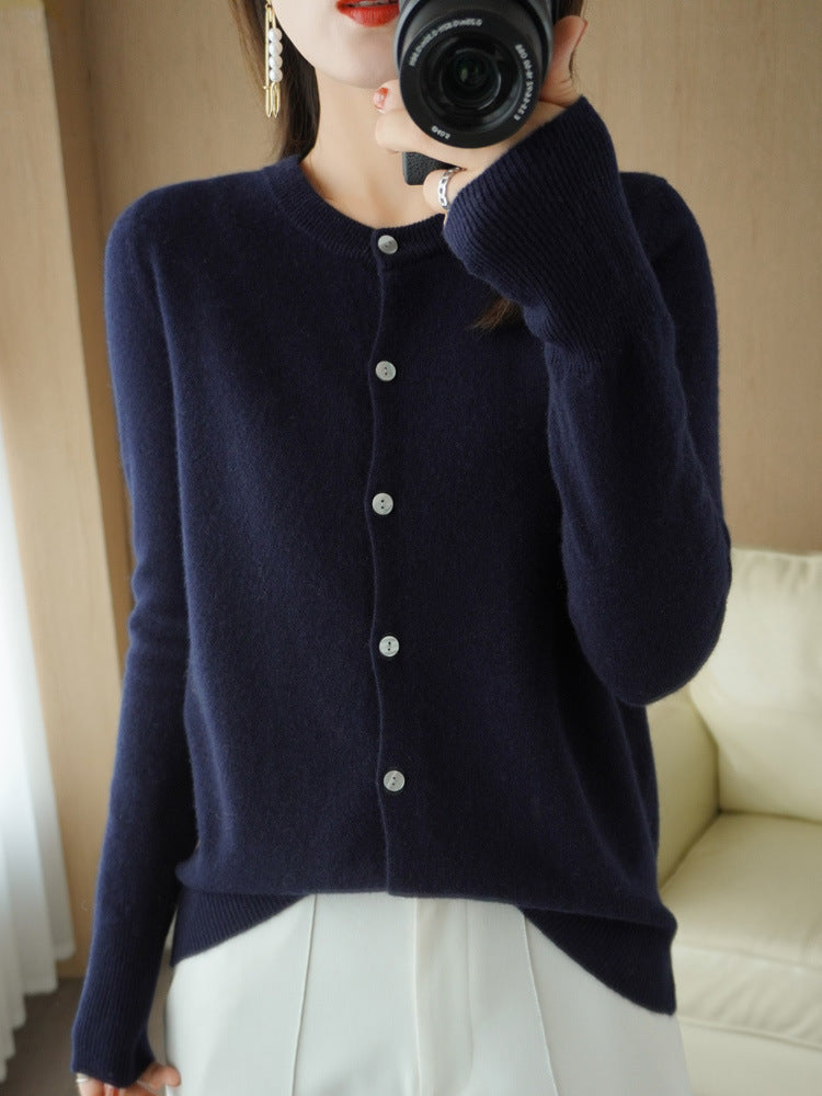 100 All-Wool Sweater Women's Knitted Crewneck Cardigan Casual Everyday Slimming Spring Cashmere