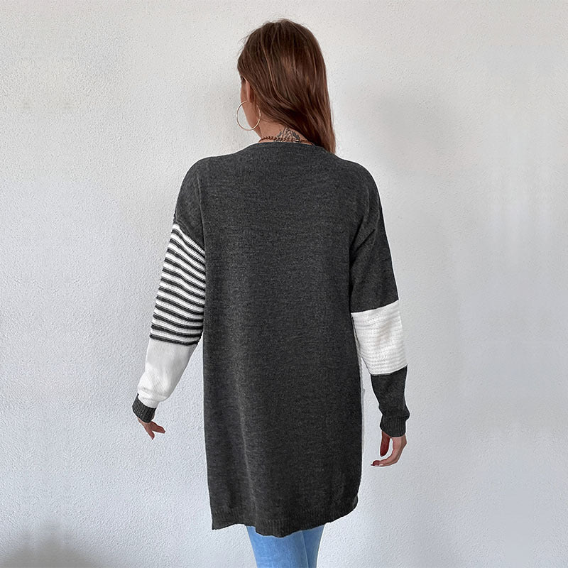 Autumn And Winter Women's Patchwork Striped Cardigan Sweater Coat