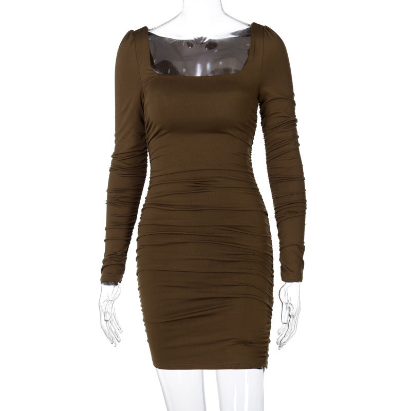 Station Elegant Intellectual Temperament Slim-Fit Pleated Dress Long-Sleeved One-Line Collar Close-Bottomed Skirt