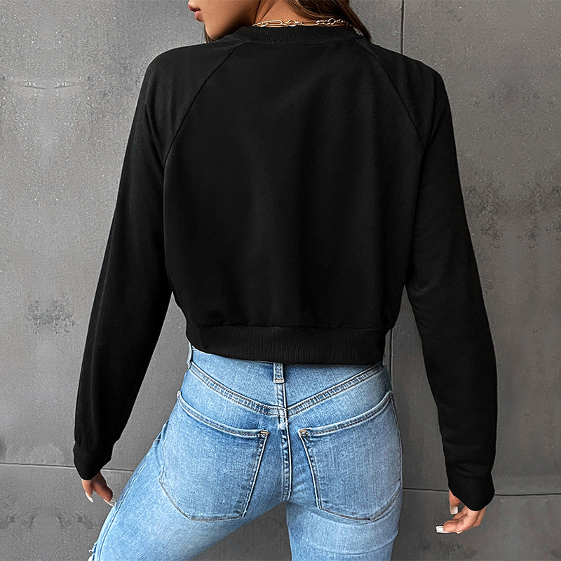 New Autumn Leisure Sports College Wind Top Short Crop Round Neck Letter Hoodie