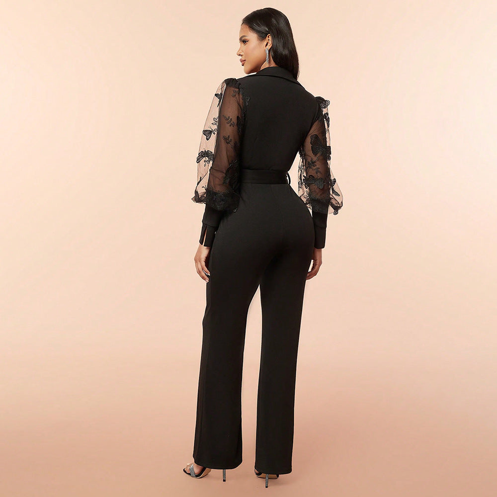Spring/Summer Sexy Jumpsuit Deep V Patchwork Mesh Slimming Jumpsuit