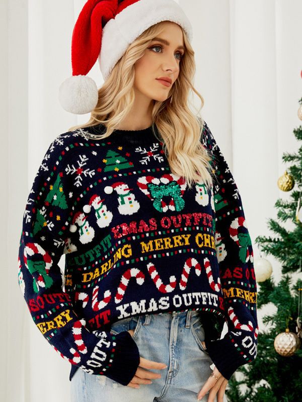 Loose Knitwear Autumn And Winter Christmas Tree Round Neck Sweater Snow Man Sequin Christmas Sweater