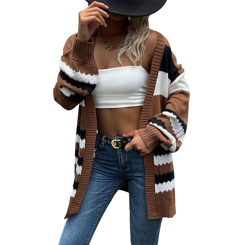 New Autumn And Winter Casual Fashion Coat Color Long-Sleeved Sweater Cardigan Woman