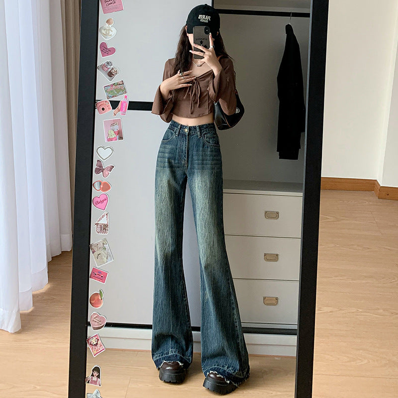 High-Waisted Jeans Women New Autumn And Winter Retro Micro-Trumpet No Elastic Loose Spice Girl Hair-Trimmed Trousers