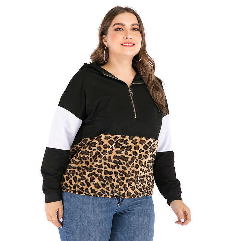 Spliced Plus-Size Plush Leopard Hoodie Women Long Sleeve Thin A Piece Of Hair