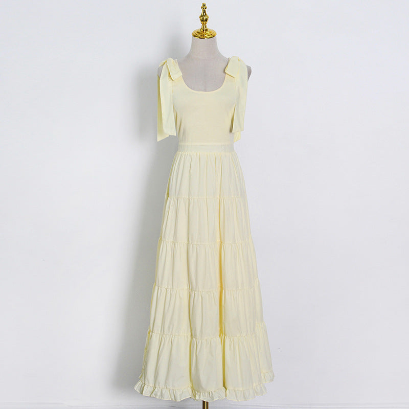 Fashion Commuter Style Spring New Bow Lace-Up Halter Solid Color Patchwork Slim Mid-Length Dress