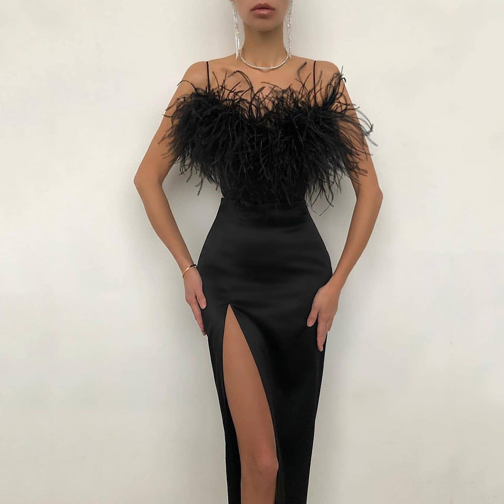 New Spring And Summer Women's Halter Feather Dress Banquet Slimming Temperament Package Arm Dress