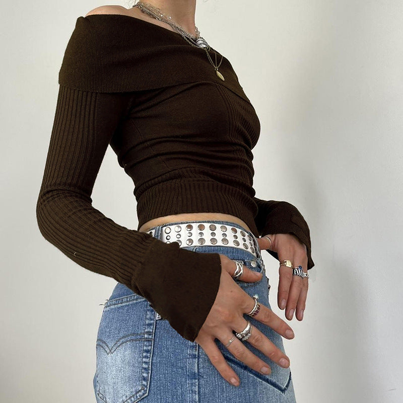 Brown One-Line Neck Sweater Women's Fall And Winter New Off-Shoulder Slim-Fit Bottom Jumper Knitted Long-Sleeved T-Shirt