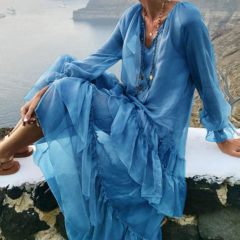 New Wooden Ear Edge Splicing Holiday Beach Long Skirt V-Neck Long Sleeve Dress Women With Suspenders