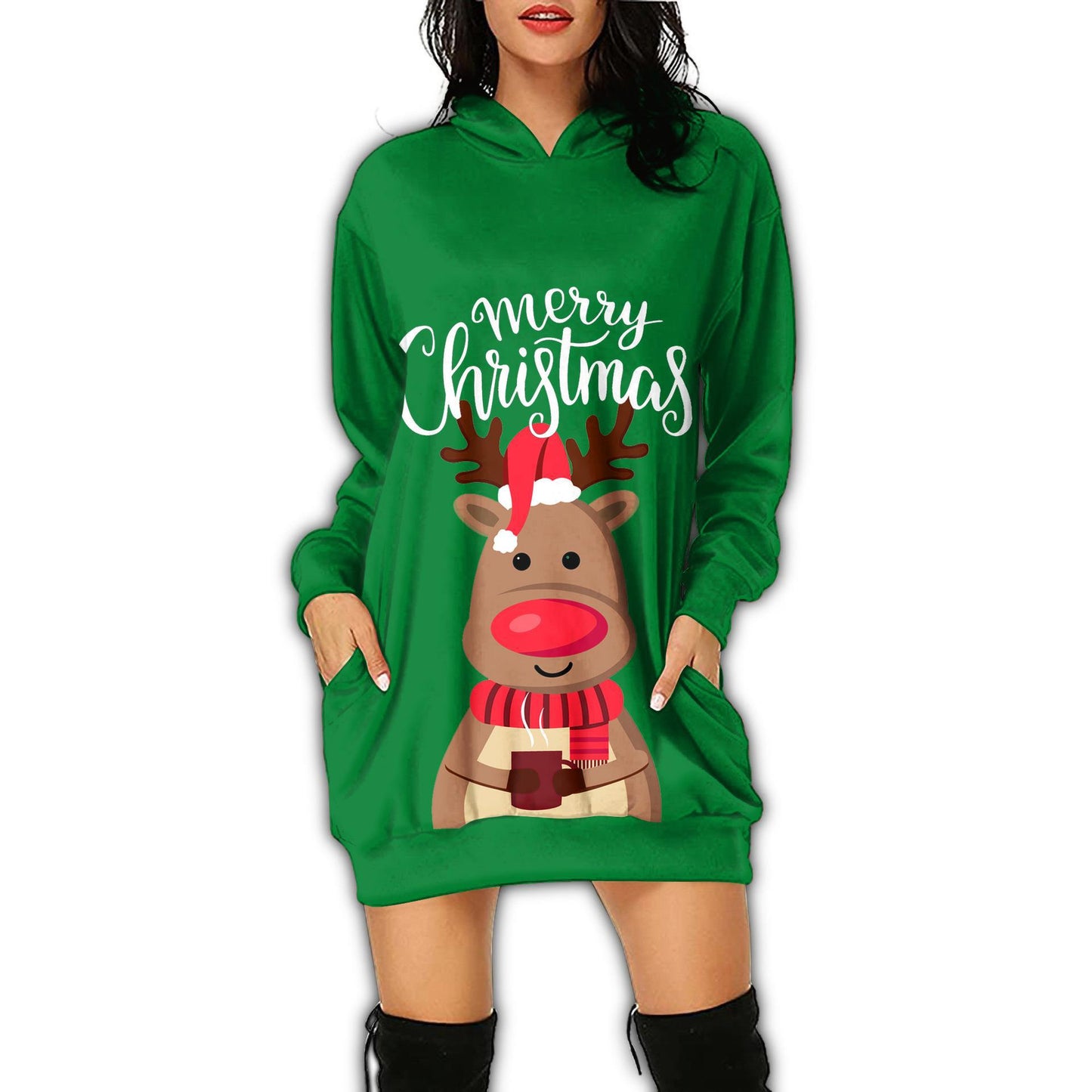 Autumn Women's Print Casual Long-Sleeved Hoodie Dress Christmas Holiday Party Dress