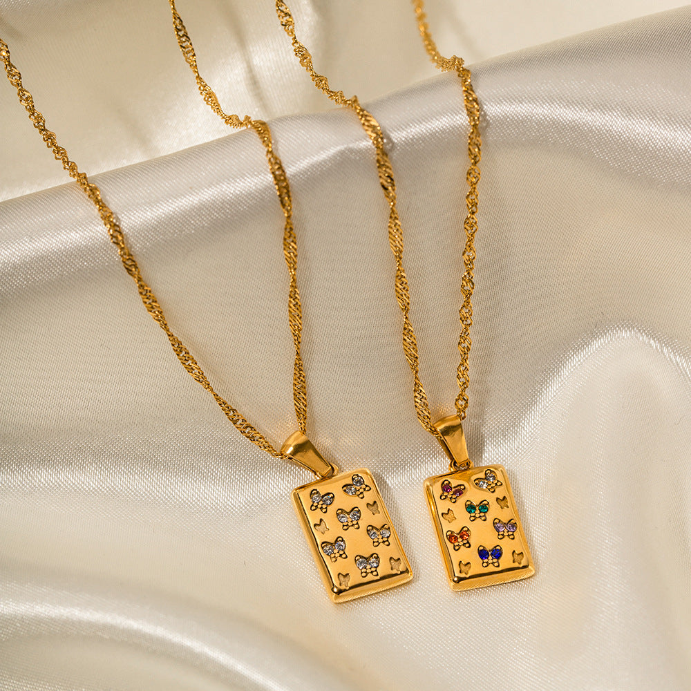 5pcs 18K Gold Stainless Steel Necklace Vintage Collar Fashion Style Square Butterfly Pendant Necklace With White Diamond