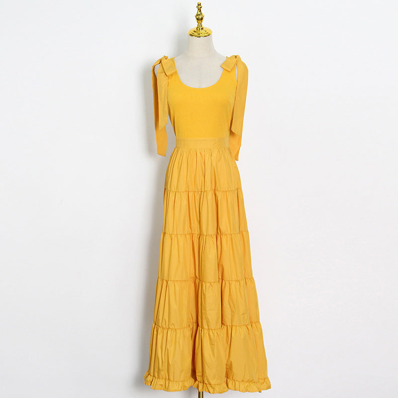 Fashion Commuter Style Spring New Bow Lace-Up Halter Solid Color Patchwork Slim Mid-Length Dress