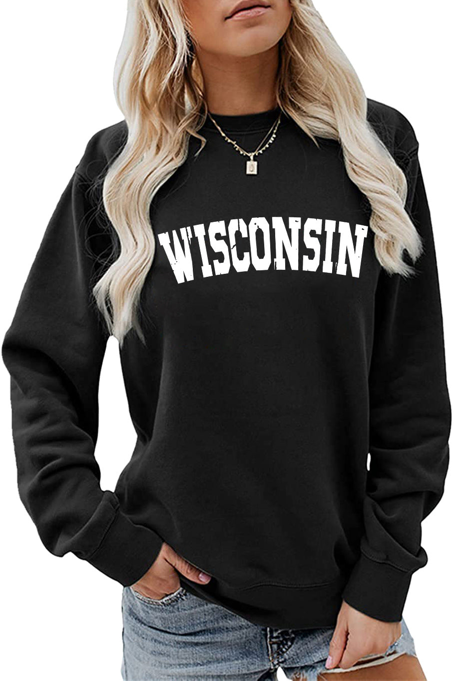 Women's Autumn And Winter Clothing Wisconsin Letter Print Casual Loose Round Neck Hoodie