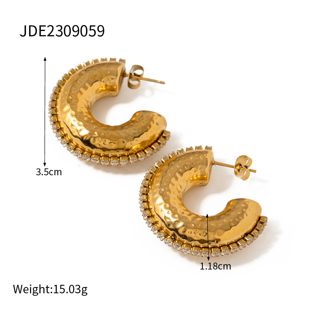 5pcs Titanium Steel 18K Gold Stainless Steel Hammer Pattern Inlaid White Diamond C-Shaped Earrings Temperament Niche Design