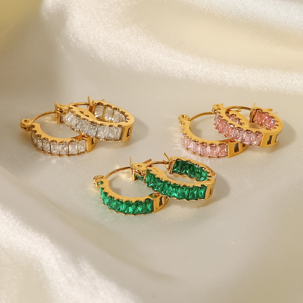 5pcs Emerald Titanium Steel Earrings Crystal Female Retro High-Grade Sense Niche Earring Earrings