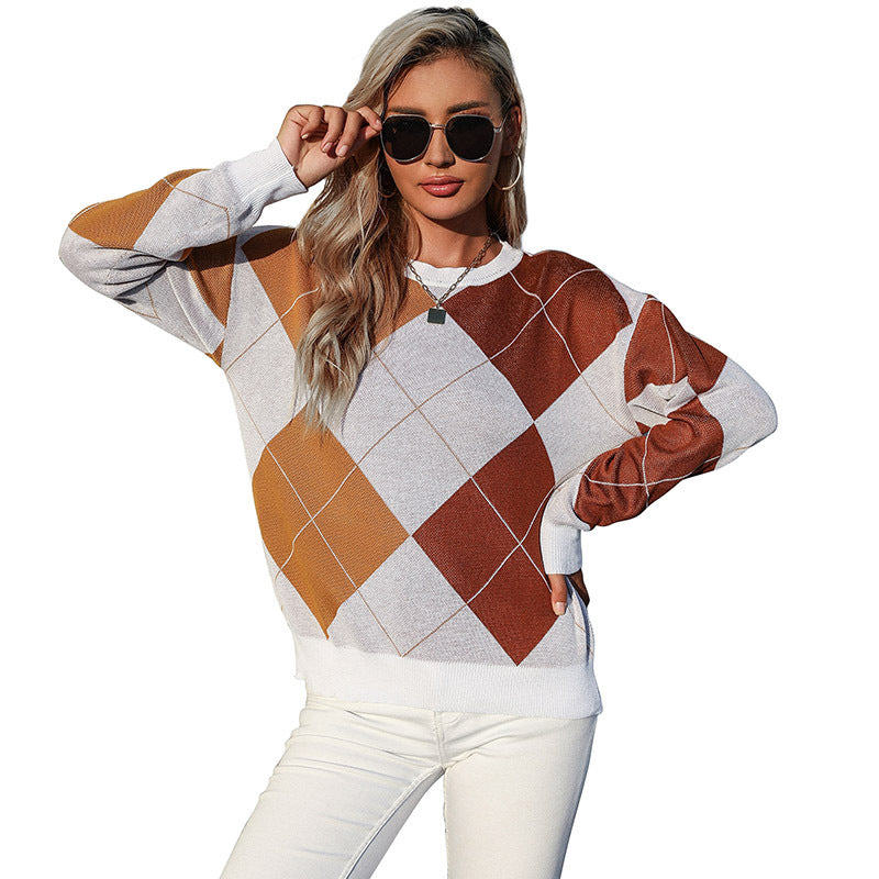 New Autumn Women's Crew-Neck Pullover Knitted Diamond Check Sweater Women
