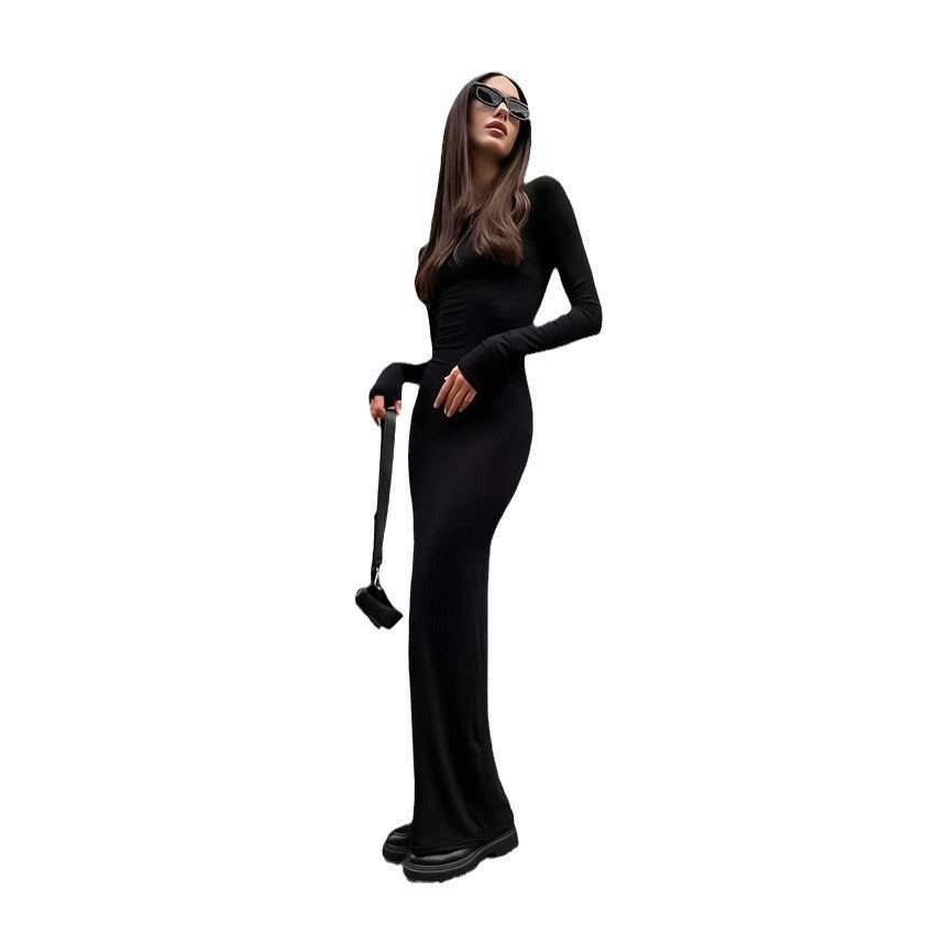 Sexy Black Long Sleeve Round Neck Tight Wrap Hip Skirt Dress Fall Slim-Fit Knitted Long Skirt Women's Dress
