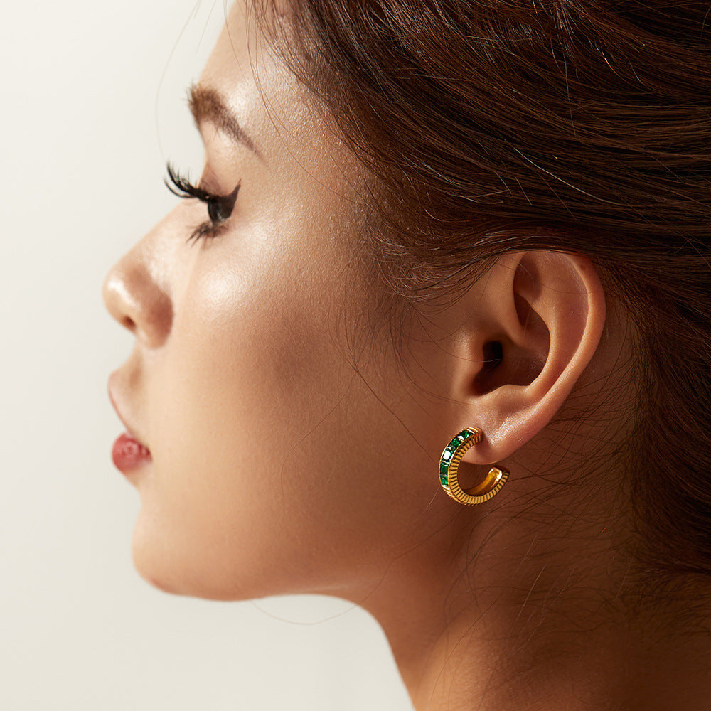 5pcs Stainless Steel Ring Earrings Jewelry 18K Gold Five Square Zirconium Thread C-Shaped Women's Earrings Jewelry
