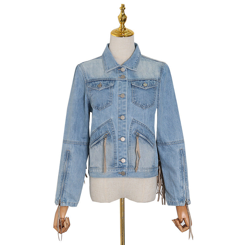 Autumn Fringe Jacket Top Fashion Long Sleeve Slim Punk Denim Coat Women