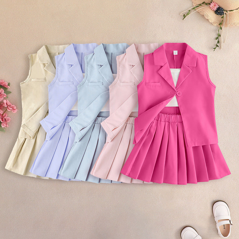 Summer Girls Halter T-Shirt + Skirt + Vest Jacket Three-Piece Pleated Skirt Suit British Style