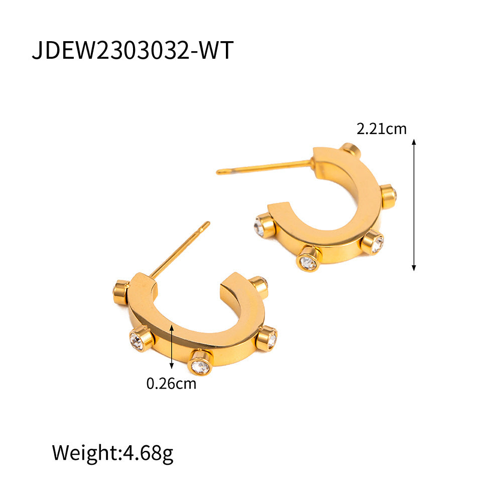 5pcs Over-The-Top Design 18K Stainless Steel Colored Diamond C-Shaped Stud Earrings With Titanium Steel Earrings