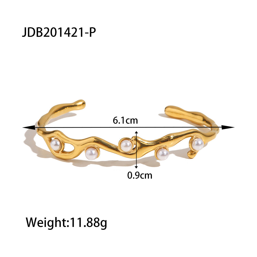5pcs Retro Texture Series Green And Red Natural Stone/Imitation Pearl Embellished Opening Non-Faded Titanium Steel Bracelet
