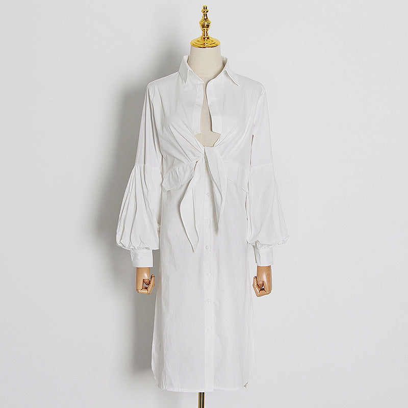 Sexy Shirt Dress New Spring Fashion Women's White Lantern Sleeve Mid-Length Dress Women