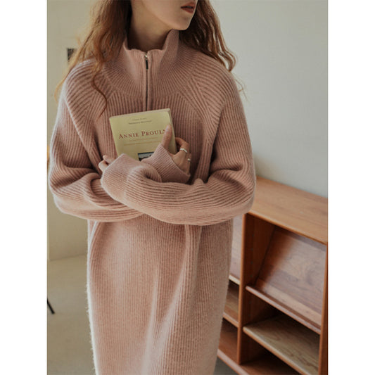 Slouchy Over The Knee Mid-Length Lapel Loose Sweater Dress Woman In Autumn And Winter With A Bottom Knit Dress