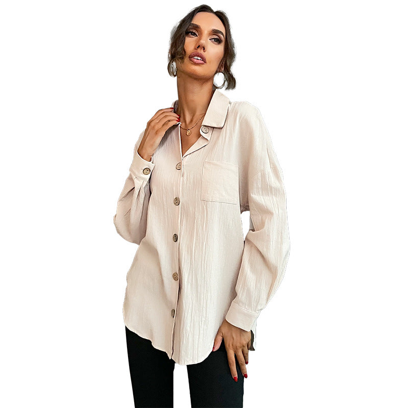 Early Autumn Fashion Casual Long Shirt Lapel Long Sleeve Solid Color Shirt
