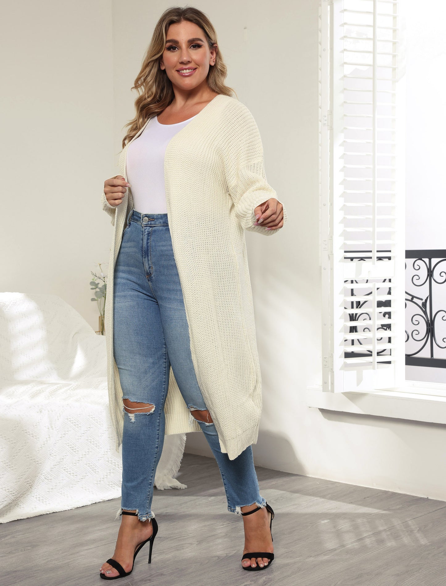Women's Coat Simple Fashion Large Size Women's Woven Unbuttoned Mid-Long Sweater Cardigan